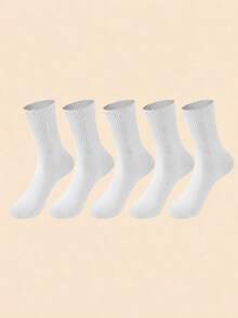 5/1 Pair Solid Color Knee-High Socks, Simple Comfortable Breathable White Socks, Suitable For Sports And Casual Wear, Unisex - Multicolor - View 9