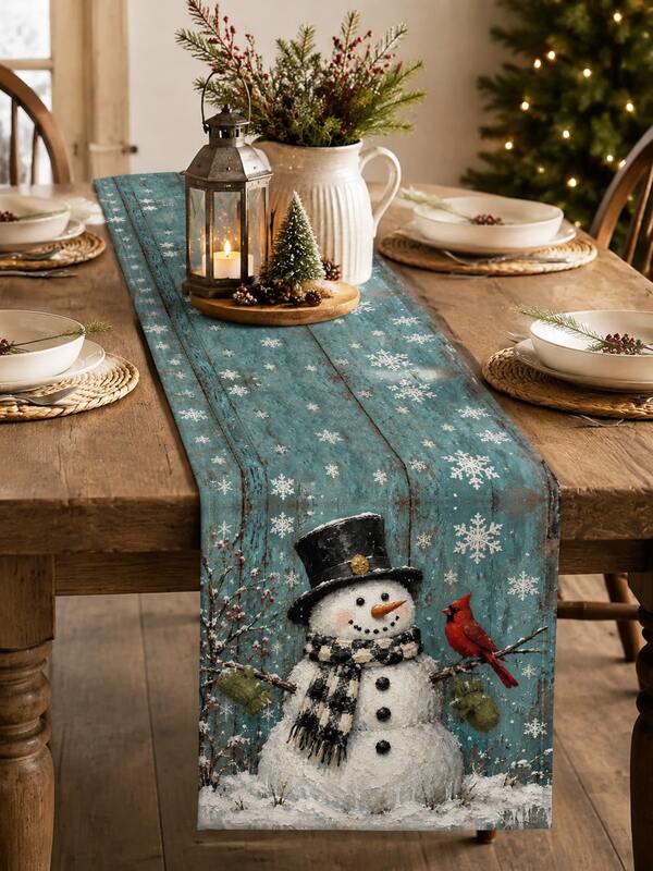 Chapéu xadrez, cachecol, boneco de neve, cardeal, caminho de mesa, jogo americano, almofada decorativa, padrão vintage azul com veios de madeira, floco de neve, cena de neve, toalha de mesa, tecido para mesa de jantar de Natal estilo country americano, decoração de mesa para férias de inverno, caminho de mesa