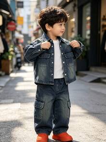 Boys' Loose Fit Denim Jacket & Denim Cargo Pants 2 Pieces Set, Autumn Back To School Outfit For Daily Wear And Outdoor Activities - Blue - View 6