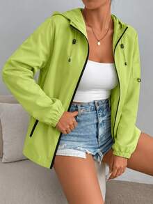 Jaket Olahraga Wanita Warna Hijau Neon, Kardigan Kasual dengan Resleting, Cocok untuk Dipakai di Musim Gugur - Hijau - View 2