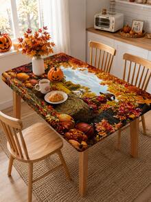 1pc Autumn Harvest Pastoral Halloween Decor Elastic Tablecloth, Rectangular Fitted Dining Table Cover, Suitable For Family Gatherings, Autumn Parties, Kitchen Dining Room And Thanksgiving Decoration - Multicolor - View 1