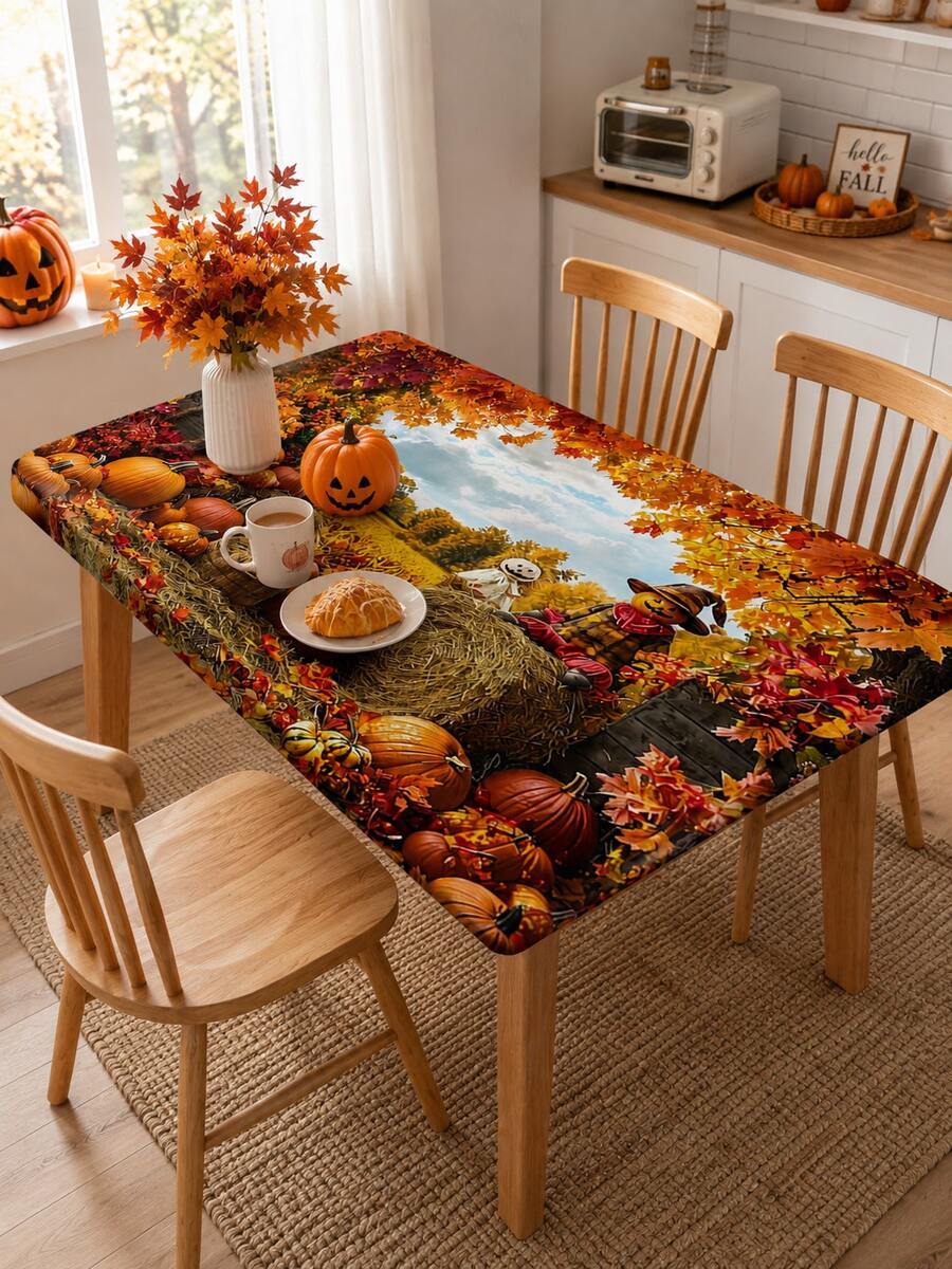 1pc Autumn Harvest Pastoral Halloween Decor Elastic Tablecloth, Rectangular Fitted Dining Table Cover, Suitable For Family Gatherings, Autumn Parties, Kitchen Dining Room And Thanksgiving Decoration - Multicolor - View 1