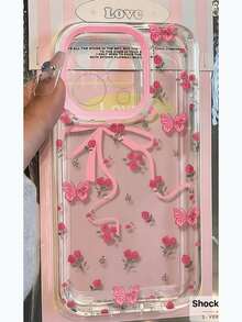 Full Screen Pink Floral Bow Phone Case Compatible With IPhone 17 Pro 16 Plus 14 13 12 11 Soft Shell Creative Cute Shockproof Protective Cover - Pink - View 2