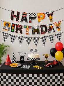 1Set Race Car Happy Birthday Banner With Checkered Pennant Flags, Racing Helmet Traffic Light Trophy Wheel Pattern Paper Garland, Black White Checkered Racing Themed Hanging Decor For Birthday Party Indoor Outdoor Wall Photo Booth Supplies - View 3