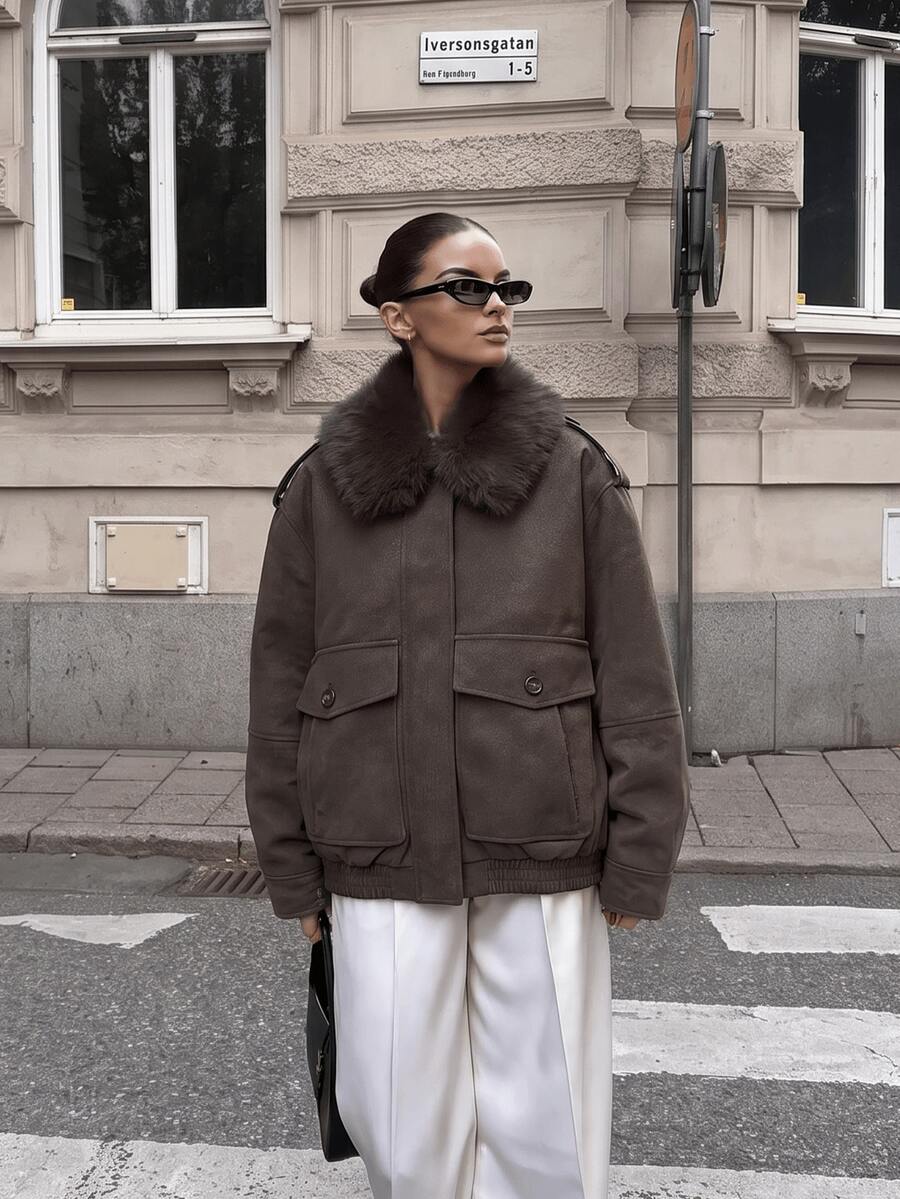GDDYIN Women's Autumn New Fashionable Casual PU Leather Pilot Jacket With Detachable Fur Collar - Army Green - View 1