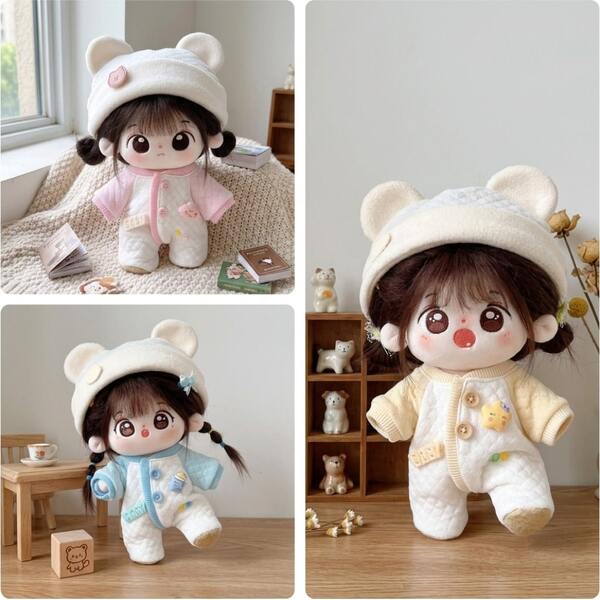 Conjunto de ropa para muñeca de 20 cm con gorro de orejas de oso lindo, cárdigan de manga corta y mono acolchado, accesorios de muñeca de felpa en tonos pastel, solo ropa (muñeca no incluida)