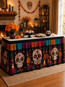 1pc Day Of The Dead Table Skirt, Black Background With Colorful Sugar Skull, Marigold And Paper Cutout Patterns, Elastic Edge Full Coverage Tablecloth Decoration, Suitable For Dessert Table, Day Of The Dead Party, Halloween Decoration, Room Decoration And Home Decor - Multicolor - View 5