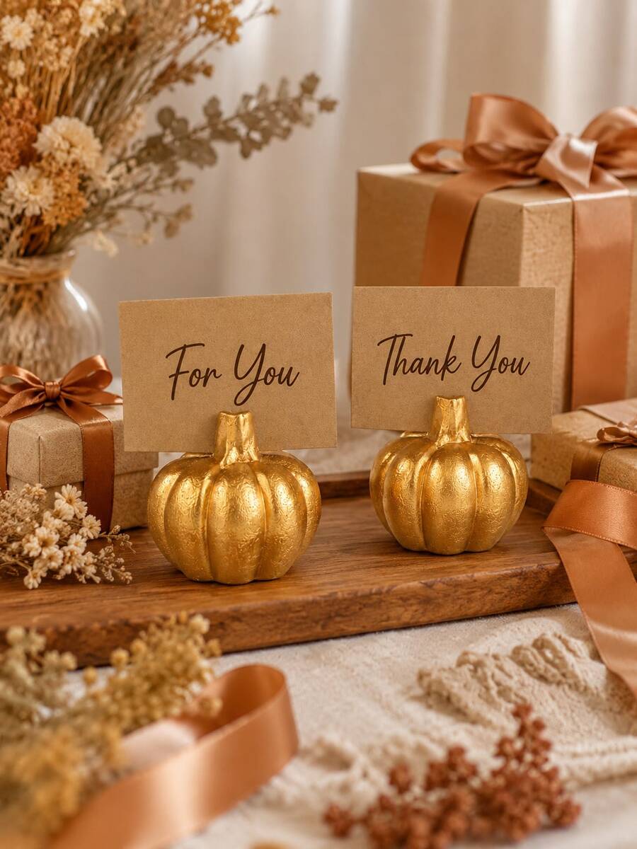 2 Pieces Pumpkin Place Card Holder Set, Gold Fall Tabletop Stands For Guest Names, Reserved Signs, Menu Cards And Photos, Harvest Wedding, Thanksgiving And Seasonal Home Decor - Multiple Styles - View 1