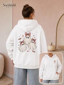 Women's Cute Ghost Pattern Hoodie,With Cute Bow,Suitable For Halloween,Autumn Outing,Party And Everyday Wear. - 白色 - 查看 3