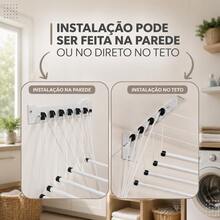 Varal de teto aço branco grande 100cm x 38cm 15kg 5 varetas resistente reforçado + kit de instalação - A - Visão 8