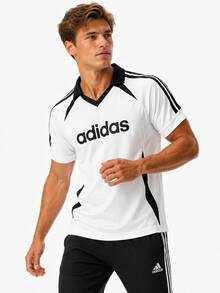 Adidas 男士夏季百搭運動休閒V領短袖翻領 Polo 衫 - 白色/黑色 - 查看 3