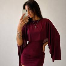 Vestido Curto Feminino em Suplex - Manga Capa Modelador Elegante Festa - Marsala - Visão 8