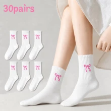 30/20/10/5/3/1雙白色粉色蝴蝶結中筒女襪，甜美女孩百搭白襪，彈性透氣吸汗不勒腳，適合休閒、日常通勤、戶外運動、校園學生穿搭，適用春夏秋冬 - 白色 - 查看 13