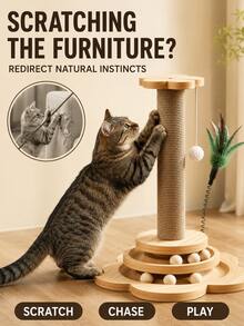 1pc 4-In-1 Natural Sisal Rope Cat Scratching Post With Sturdy Wooden Base, Modern Anti-Tip Cat Activity Center With Interactive Ball Track And Toys, Furniture Protector, Indoor Puzzle Toy For Kittens And Adult Cats - Multicolor - View 4