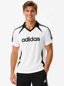 Adidas 男士夏季百搭運動休閒V領短袖翻領 Polo 衫 - 白色/黑色 - 查看 1