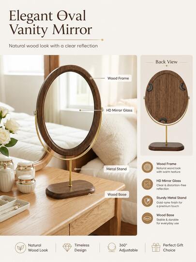 Luxury Minimalist Vintage Solid Wood Desktop Makeup Mirror, Chinese Minimalist Style, Elegant Wooden Rotating Desktop Makeup Mirror, Birthday, Graduation, Valentine's Day Gift, Bedroom Supplies, Office/Study Supplies, Homestay Decor, Dormitory Supplies, Dressing Table, Home Decor, Bathroom Supplies, Study Supplies, Holiday Party, Mother's Day Gift