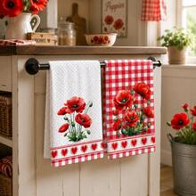2pcs Red Poppy Kitchen Towels, Plaid And Polka Dot Floral Print With Heart Trim Hand Towels, Suitable For Kitchen, Oven Handles And Farmhouse Home Decor, Machine Washable Holiday Gift And Cleaning Supplies - Multicolor - View 2