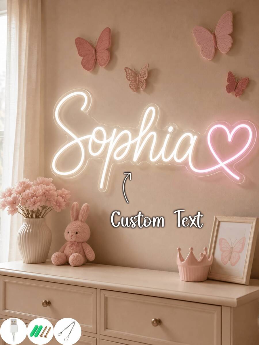 Custom Name Heart Neon Sign Personalised LED Light Up Wall Art Cute Pink Warm Light Decor Birthday Baby Shower Gift For Girls Room Nursery