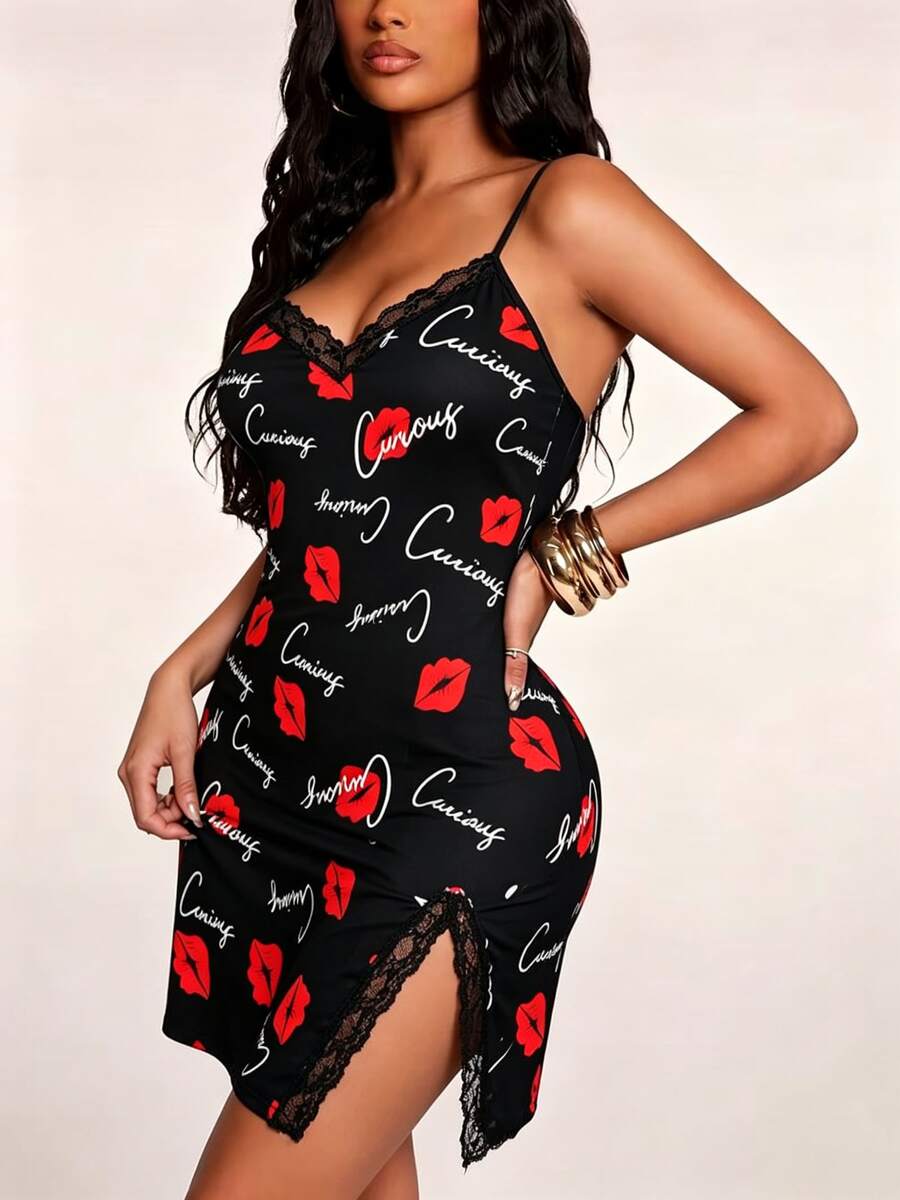 Women's Lace Trim Camisole Nightgown, Spring/Summer - Black - View 1