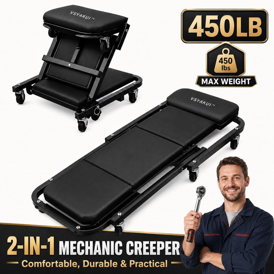 Tracked Utility Cart For Garage Workshops, 2-In-1 Foldable Z-Type Wheeled Chassis Creeper Seat, Wheel-Equipped Auto Repair Base With 6 Universal Casters, Suitable For Vehicle Maintenance And Repair - First - View 1