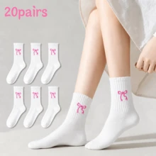 30/20/10/5/3/1雙白色粉色蝴蝶結中筒女襪，甜美女孩百搭白襪，彈性透氣吸汗不勒腳，適合休閒、日常通勤、戶外運動、校園學生穿搭，適用春夏秋冬 - 白色 - 查看 7