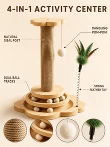 1pc 4-In-1 Natural Sisal Rope Cat Scratching Post With Sturdy Wooden Base, Modern Anti-Tip Cat Activity Center With Interactive Ball Track And Toys, Furniture Protector, Indoor Puzzle Toy For Kittens And Adult Cats - Multicolor - View 9