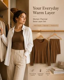 2pcs/Set Women Seamless Thermal Underwear Set Ultra Thin Warm Long Sleeve Top & Leggings Solid Color Crew Neck Base Layer Outfit, Soft Lightweight Comfortable Loungewear Pajama Set Versatile Inner Layer Or Outerwear Casual Wear For Fall Winter - Dark Coffee - View 11