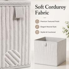 Foldable Corduroy Fabric Storage Cube Bin, White Ribbed Organizer Basket With Handle, Soft Closet Storage Box For Bedroom, Nursery, Shelf, Living Room Home Organization - White - View 4