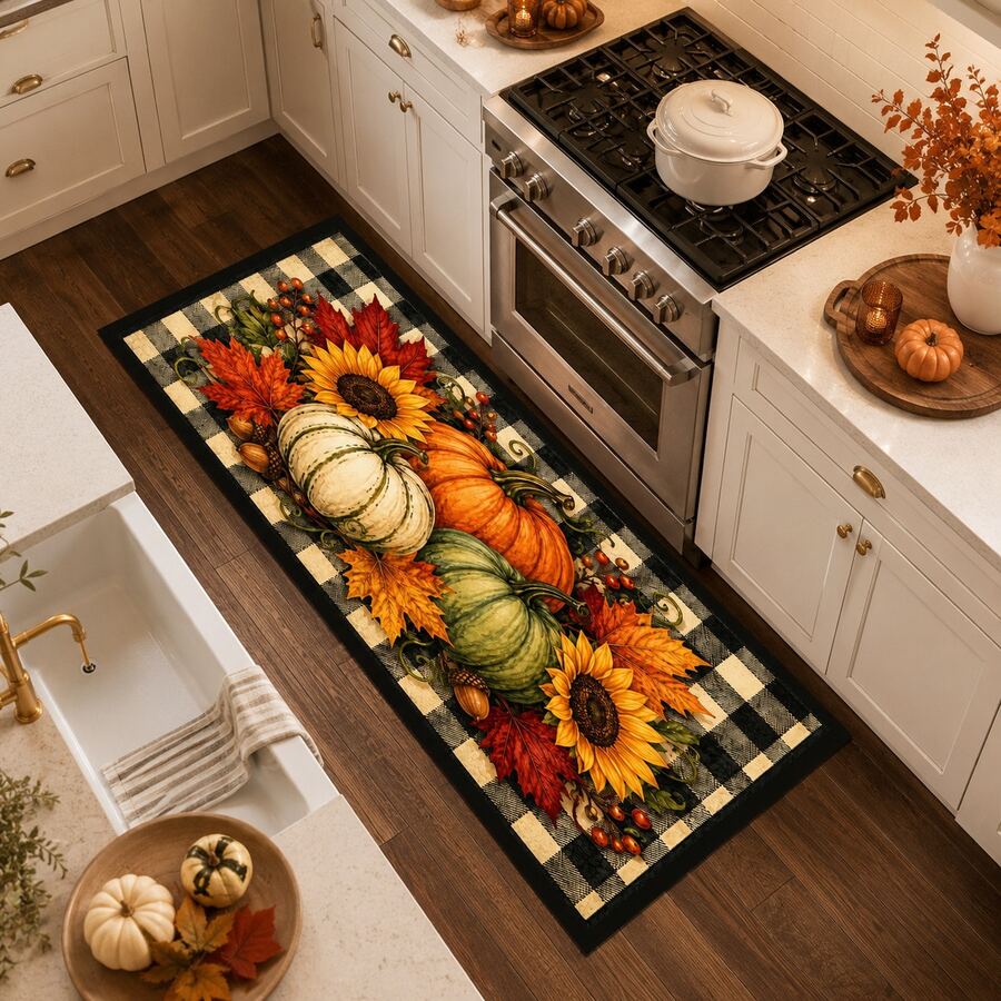 Autumn Pumpkin Pattern Printed Long Runner Rug, Home Indoor Decor, Kitchen Long Runner, Entryway Doormat, Hallway Entrance Decor, Bedroom Bedside Rug, Living Room Rug, Laundry Room Rug, Bathroom Mat, Suitable For Apartment, Dorm And Home Daily Decor - Multicolor - View 1