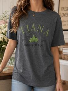 Casual Cotton Short Sleeve T-Shirt With Round Neck And Green Tiana Graphic Print, Cute Regular Fit Top For Women In Fall - 深灰色 - 查看 1
