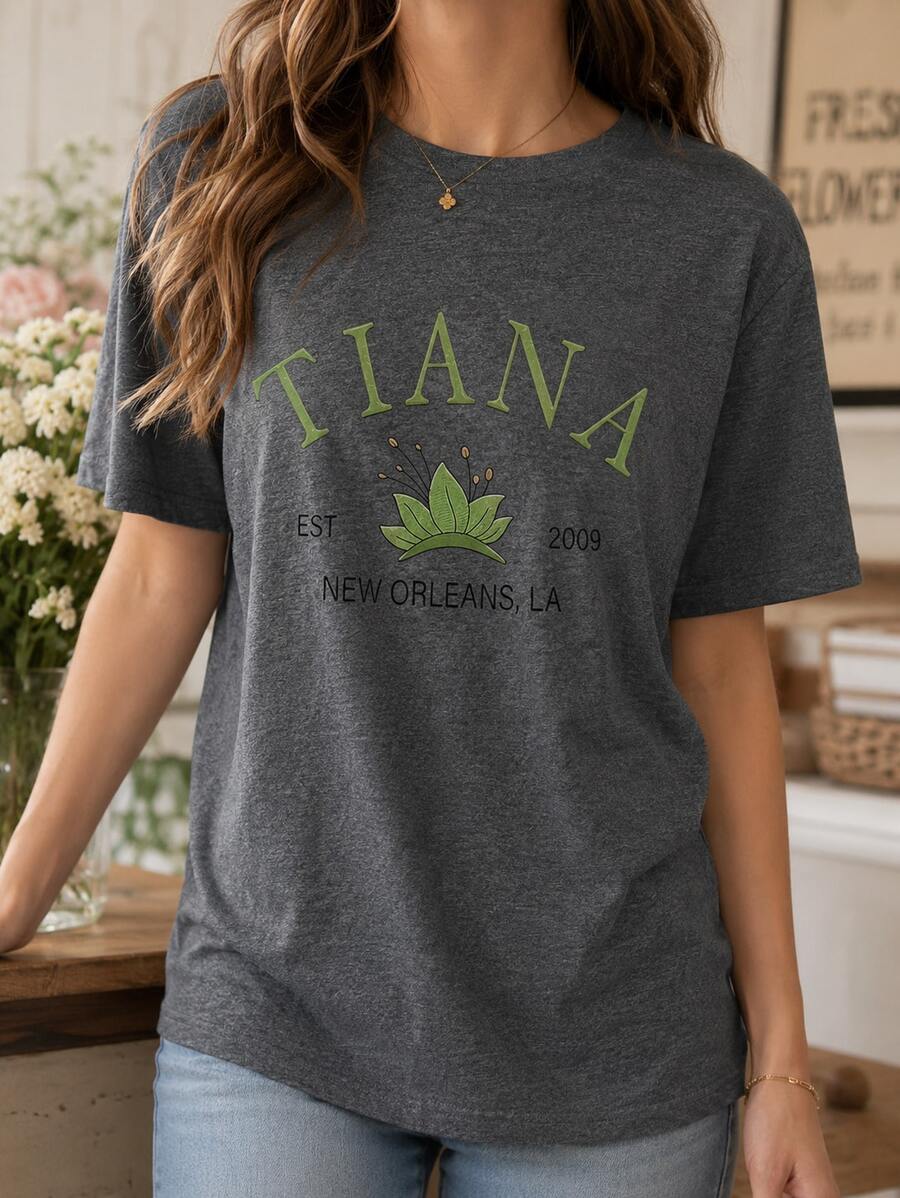 Casual Cotton Short Sleeve T-Shirt With Round Neck And Green Tiana Graphic Print, Cute Regular Fit Top For Women In Fall - 深灰色 - 查看 1