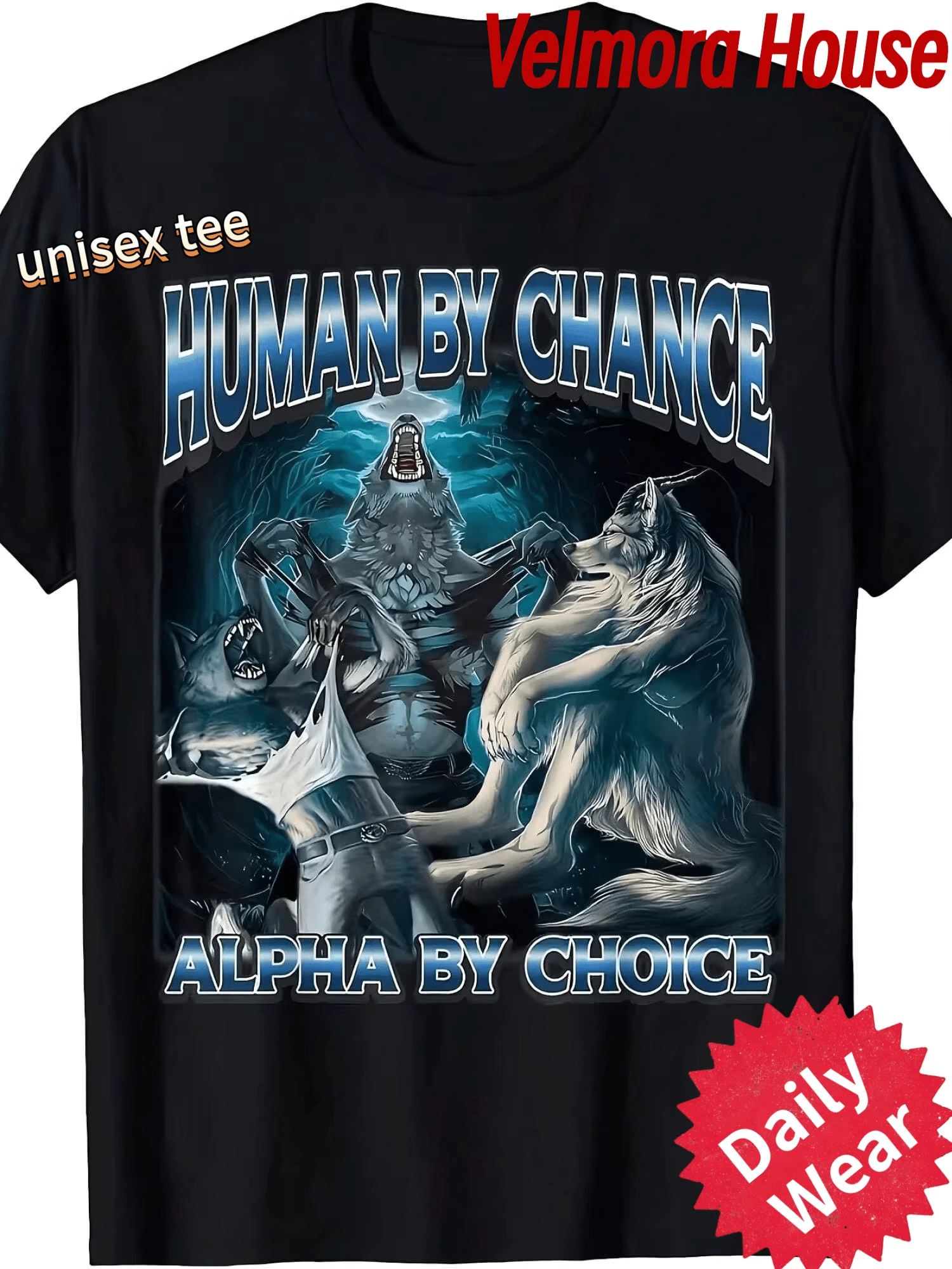 Unisex T-Shirt Tee Short Sleeve Print Man Chance Leader Choice Wolf Pack Meme Vintage Crewneck Playful Alpha Wolf Suitable All Seasons - 黑色 - 查看 1