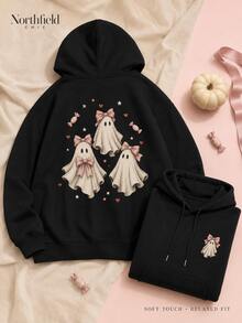 Women's Cute Ghost Pattern Hoodie,With Cute Bow,Suitable For Halloween,Autumn Outing,Party And Everyday Wear. - 黑色 - 查看 4
