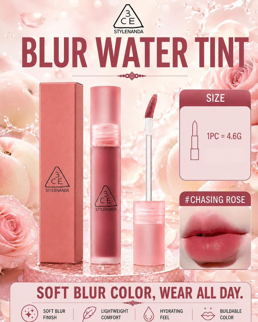 3CE Watery Matte Lip Gloss #CHASING ROSE 4.6g, hasil akhir matte lembut, tidak lengket, membentuk lapisan untuk mengunci warna hanya dengan sekali oles, tahan lama, kebutuhan sehari-hari.