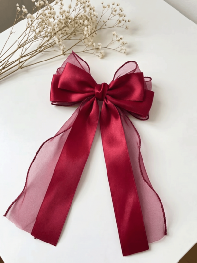 1pc Women's Burgundy Long Tail Bow Hair Clip, Large Satin Organza Ribbon Bow Hair Clip, Elegant Flowing Hair Accessory, Suitable For Party And Daily Wear, Y2K Style