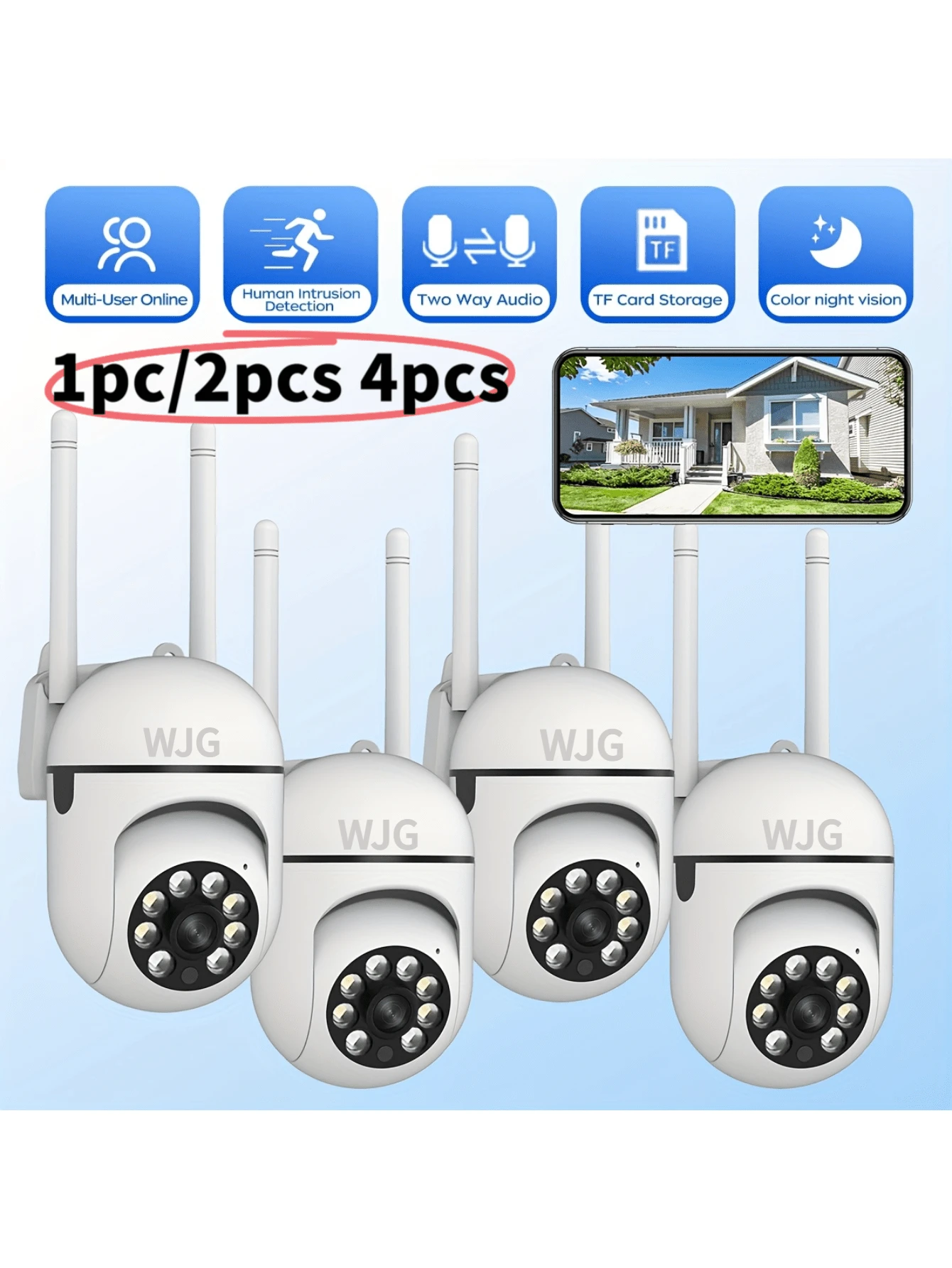 WJG 1or2/4cs 1296P WiFi Surveillance Camera, Intelligent FHD Monitoring, Camera With 360 °/90 ° Pan/Tilt, One Click Voice Call, Two-Way Voice - White - View 1