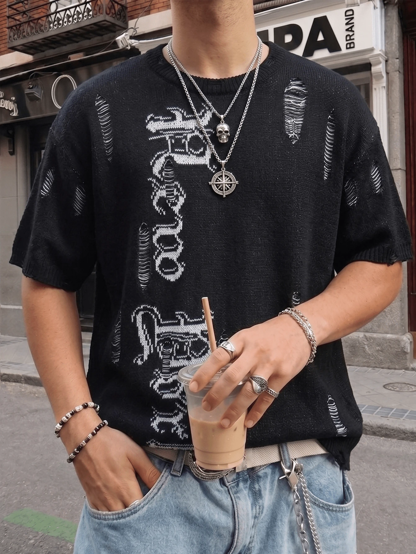 ANDREILEE Men's Unisex Knitted Top Street Casual Distressed Fringe Hollow Out Semi-Sheer Crew Neck Short Sleeve Loose Pullover T-Shirt Spring Summer - Black - View 1
