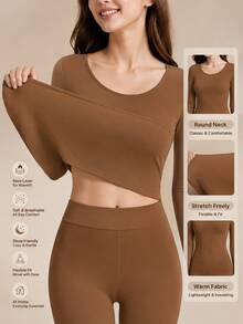 2pcs/Set Women Seamless Thermal Underwear Set Shapewear Body Sculpting Slimming Base Layer Long Sleeve Top & Pants Ultra Thin Warm Loungewear Home Wear Casual Outfit, Invisible Comfortable Stretchy Innerwear Skin Friendly Daily Wear For Fall Winter - Chocolate Brown - View 8