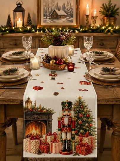Caminho de mesa de Natal com Quebra-Nozes, almofada decorativa, jogo americano, toalha de mesa com estampado em aguarela de pinha, árvore de Natal e caixa de para lareira, toalha de mesa de Natal vintage americana, decoração de mesa para festas de fim de ano