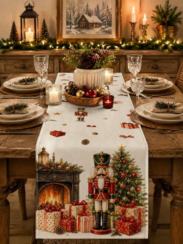 Nutcracker Christmas Table Runner, Throw Pillow, Placemat, Fireplace Christmas Tree Gift Box Pine Cone Watercolor Print Tablecloth, Vintage American Christmas Tablecloth, Holiday Gathering Tabletop Decor Table Runner