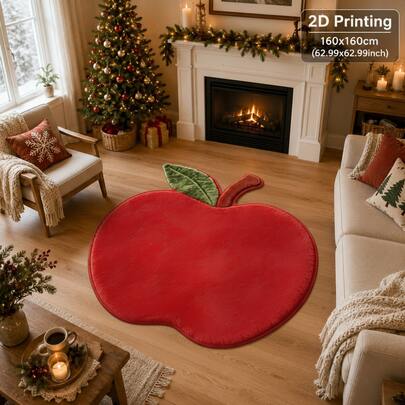 1pc Christmas Carpet, Realistic Red Apple Design With Green Leaves And Brown Stem, Smooth Surface, Soft And Comfortable Material. Faux Cashmere Rug With Holiday Ritual Feeling, Warm Carpet For Autumn And Winter, Unique And Fashionable, New For Christmas And New Year, Suitable For Christmas, Christmas Eve And Other Holiday Decorations, Also Can Be Used As A Fun Carpet For Children's Room, Living Room Or Bedroom