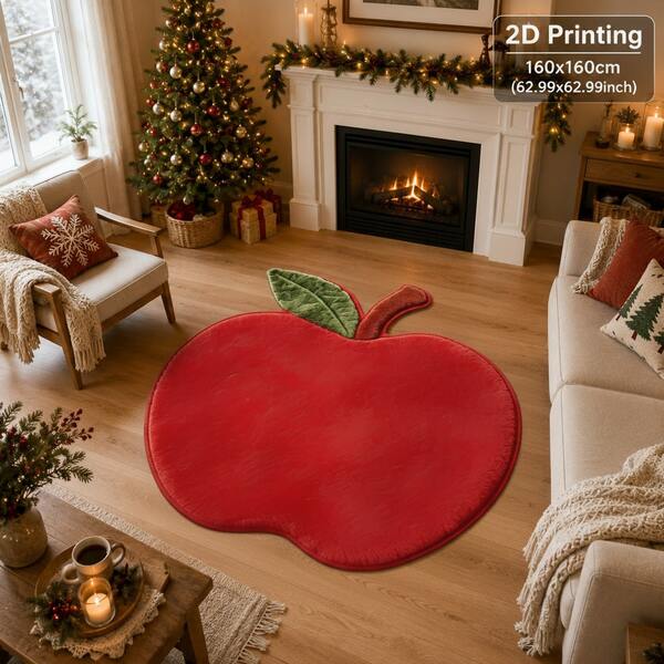 1 pieza Alfombra navideña, diseño realista de manzana roja con hojas verdes y tallo marrón, superficie suave, material suave y cómodo. Alfombra de cachemira sintética con sensación de ritual festivo, alfombra cálida para otoño e invierno, única y de moda, nueva para Navidad y Año Nuevo, adecuada para Navidad, Nochebuena y otras decoraciones festivas, también se puede usar como alfombra divertida para la habitación de los niños, sala de estar o dormitorio