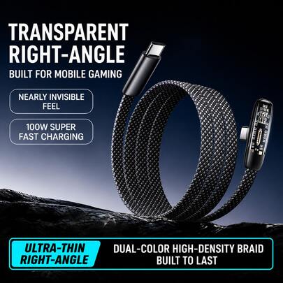 Cable de carga rápida USB C a USB C de 100W, cable trenzado plano de ángulo de 90° transparente tipo C, compatible con carga rápida de 27W para iPhone 17 16 15 Series, cable de carga rápida PD y sincronización de datos para juegos para Samsung Galaxy Tablets y portátiles