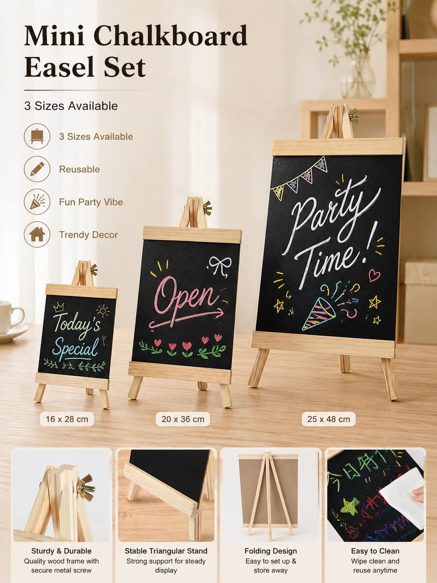 1pc Tabletop Mini Chalkboard With Wooden Easel Stand, Reusable Wipeable Blackboard Sign For Shop, Wedding & Party Decor - Multiple Styles - View 1
