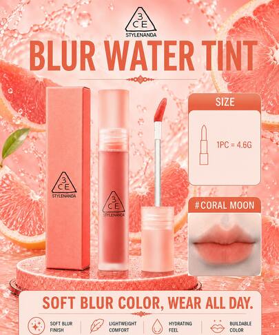 3CE Water Tint #CORAL MOON 4.6g, Soft-Focus Matte Finish, Non-Sticky, Instant Film-Forming For Long-Lasting Color, Daily Essential
