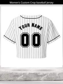 Custom Women White Black Pinstripe Crop Baseball Jersey Personalized Name Number Logo Sporty Gameday Crop Top Button Up Uniform - White - View 4