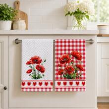 2pcs Red Poppy Kitchen Towels, Plaid And Polka Dot Floral Print With Heart Trim Hand Towels, Suitable For Kitchen, Oven Handles And Farmhouse Home Decor, Machine Washable Holiday Gift And Cleaning Supplies - Multicolor - View 5