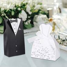 2 Set (Masing-masing 50 pcs) Gaun Pesta Pernikahan, Jas Ekor, Pengantin Wanita, dan Kotak Permen - Hitam dan Putih - View 8