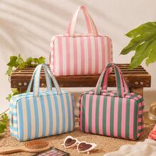 Tas Perlengkapan Mandi Lipat Bergaris yang Dipersonalisasi dengan Gantungan, Tas Kosmetik Portabel Multi-Kompartemen Kapasitas Besar, Hadiah Ideal - MultiWarna - View 7