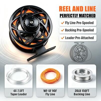 SEACHASER 5WT Reel Pancing Terbang Pra-Spooled, Reel Pancing Terbang Aluminium dengan Senar Mengapung WF-5F, Senar Cadangan & Leader untuk Memancing Air Tawar